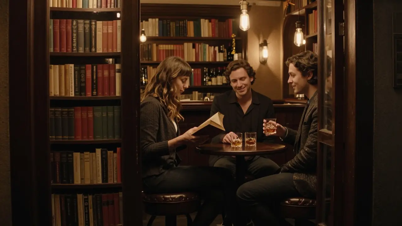 A couple enjoying whiskey in a hidden Berlin speakeasy behind a bookshelf, bathed in warm amber light.