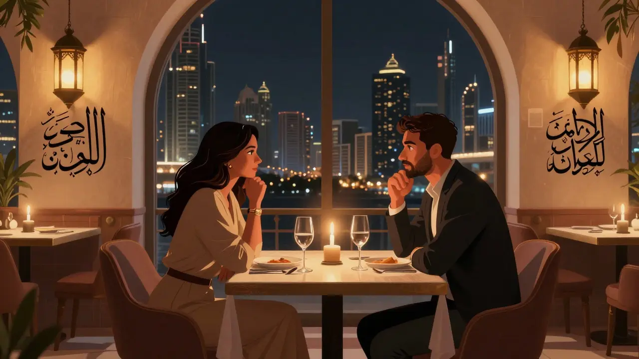 A couple in quiet conversation at a candlelit dinner in a Dubai restaurant, surrounded by cultural ambiance.
