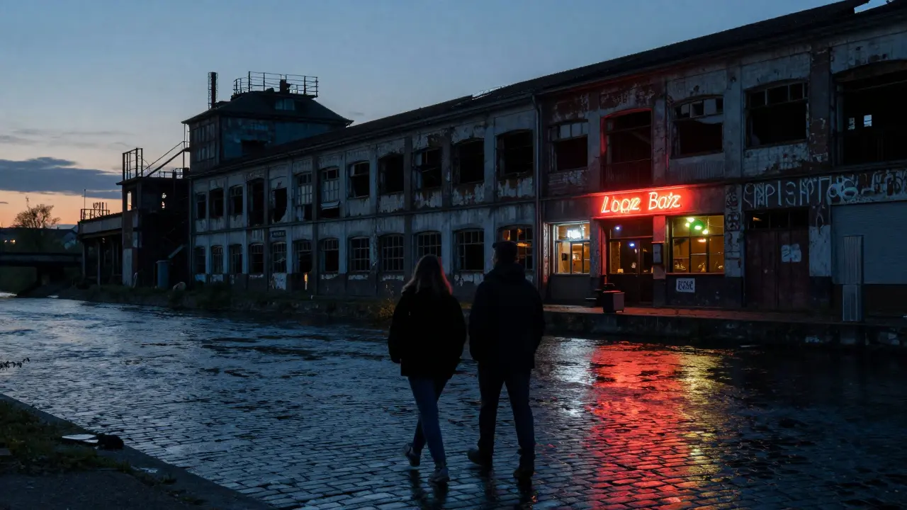 A couple walking along the Spree River at night past a hidden jazz bar.