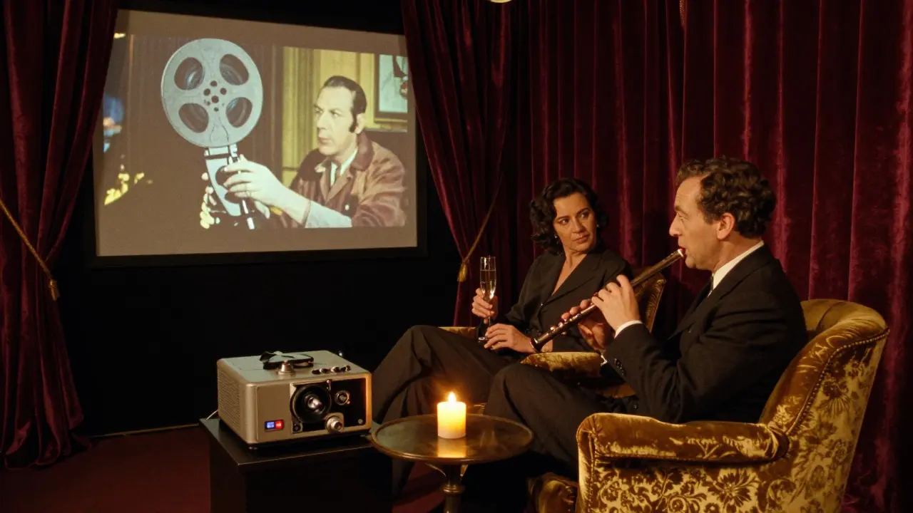 A couple watches a classic Hitchcock film in a private Soho screening room, bathed in the flickering glow of an old projector.