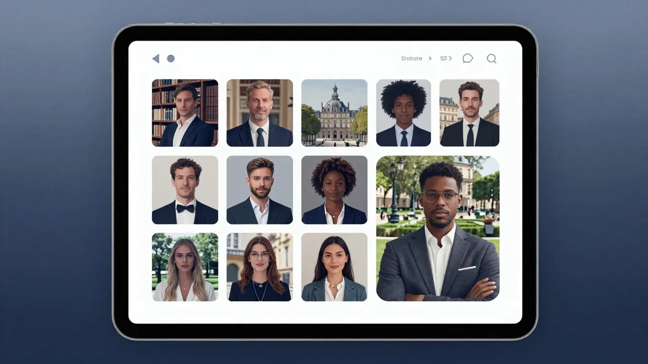 A discreet digital interface displaying elegant profile photos of companions against Parisian cultural backdrops.
