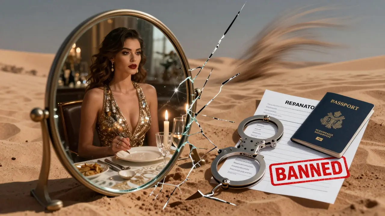 A fractured mirror showing contrasting scenes of a romantic encounter and legal consequences like handcuffs and a banned passport.