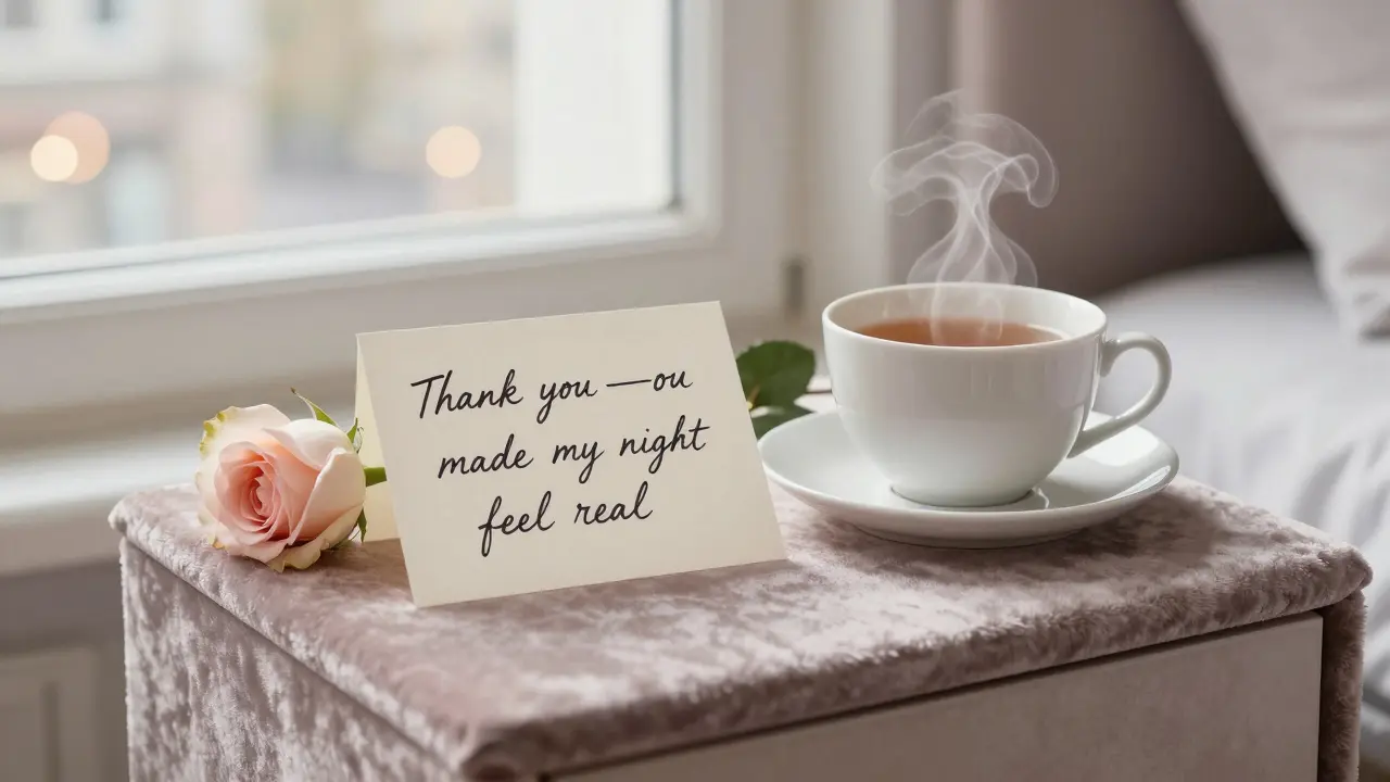 A handwritten thank-you note beside a rose and tea cup on a bedside table, illuminated by soft morning light in a Berlin apartment.