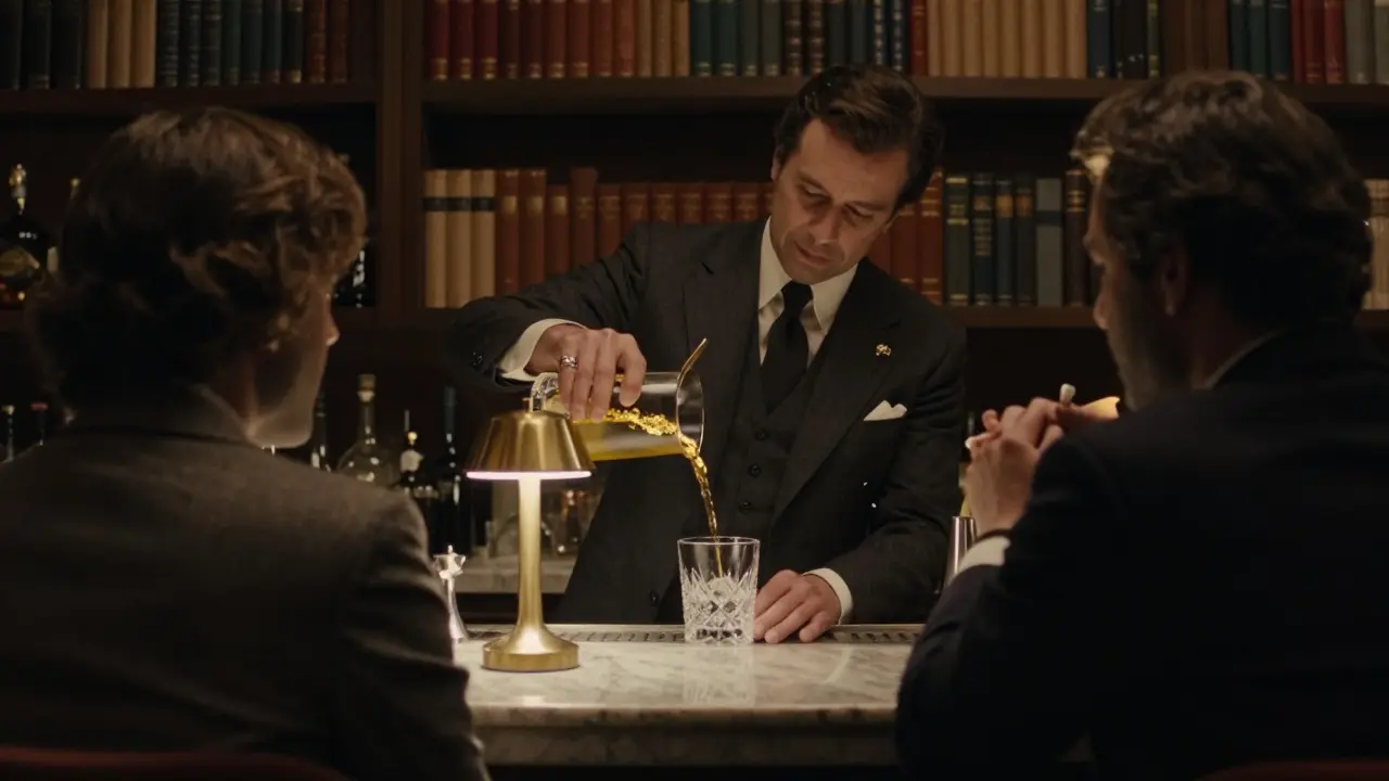 A hidden bar behind a bookshelf where a bartender pours a golden cocktail in near-darkness.