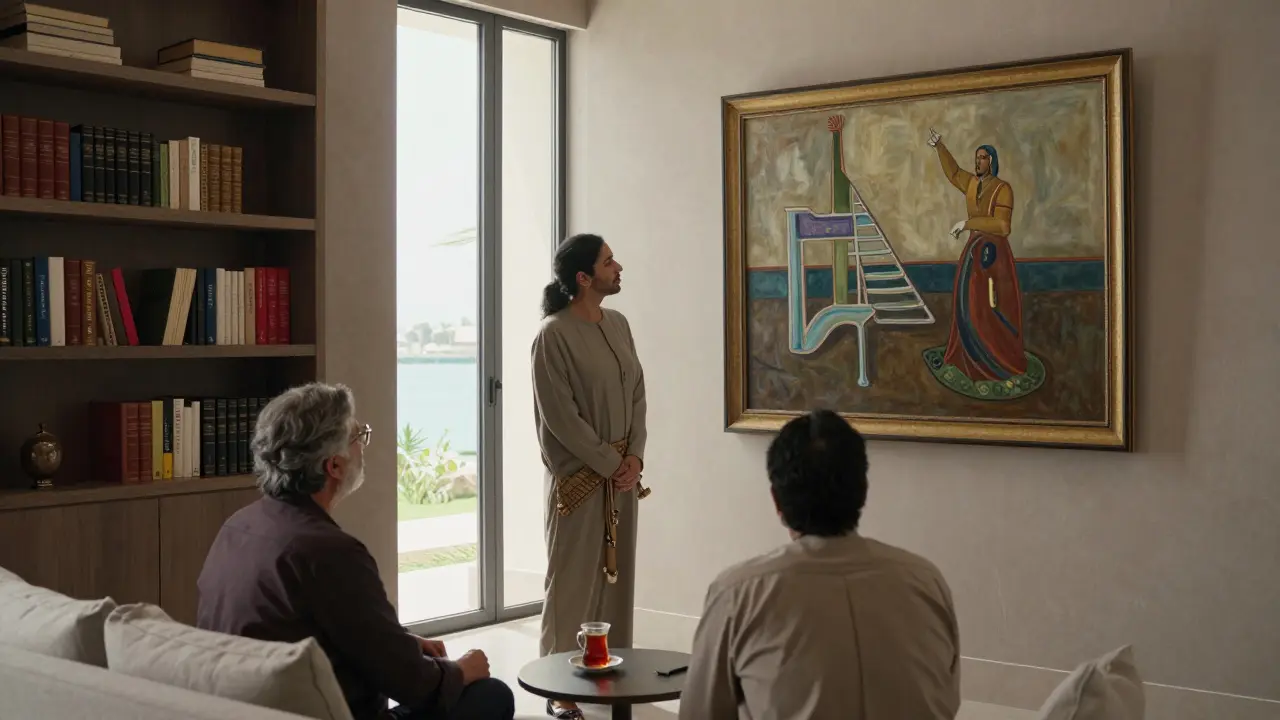 A knowledgeable companion and client examine a piece of Emirati art in a luxury villa, surrounded by books and natural light.