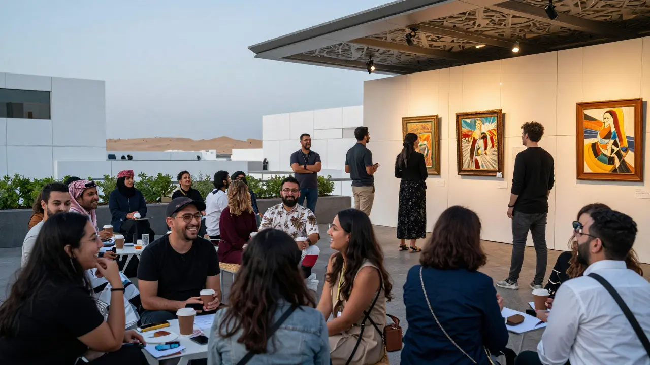A lively group of expats enjoying cultural events at Louvre Abu Dhabi’s terrace, engaging in conversation and art appreciation.