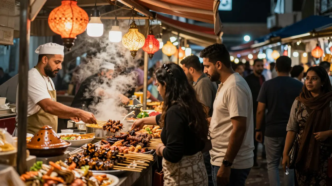A lively night market with food stalls, grilled seafood, and people dining under string lights.