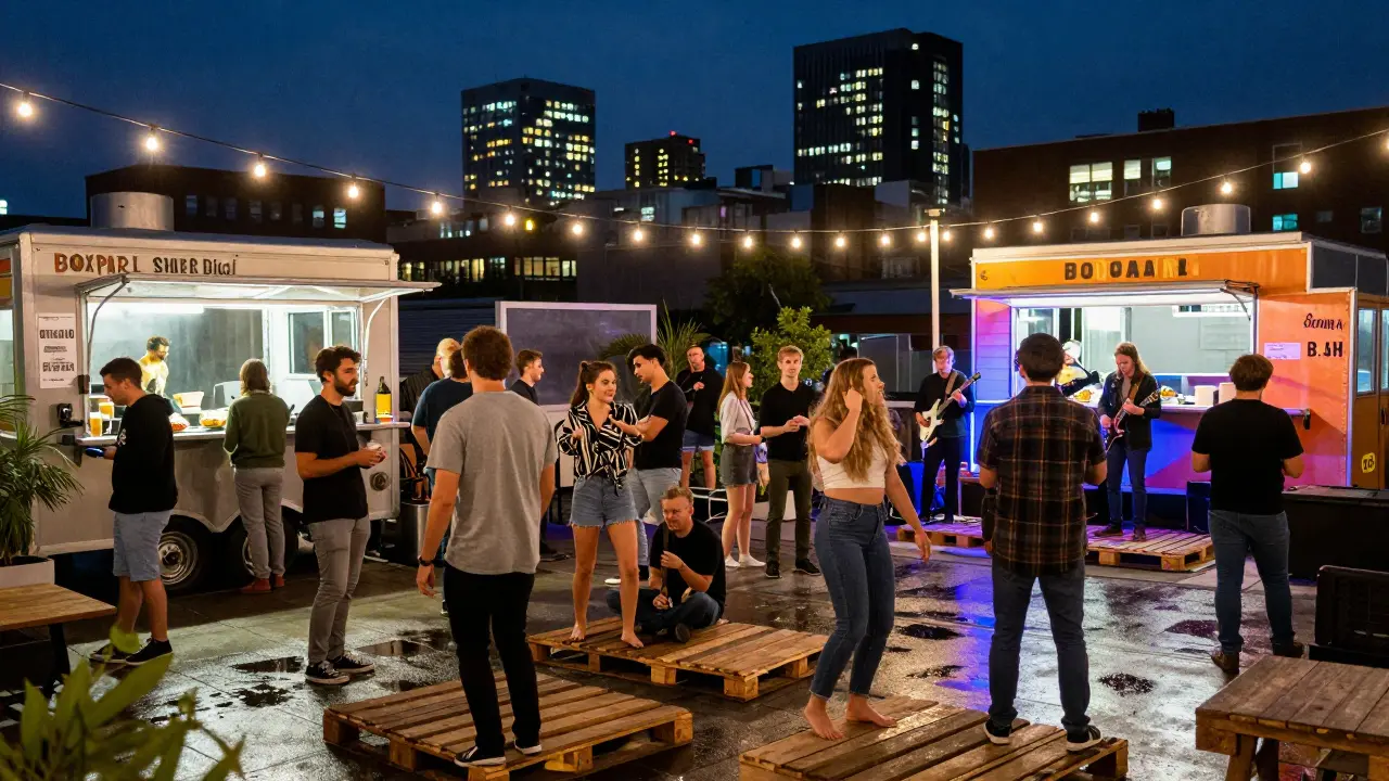 A lively rooftop terrace at night with food trucks, string lights, and a live band.