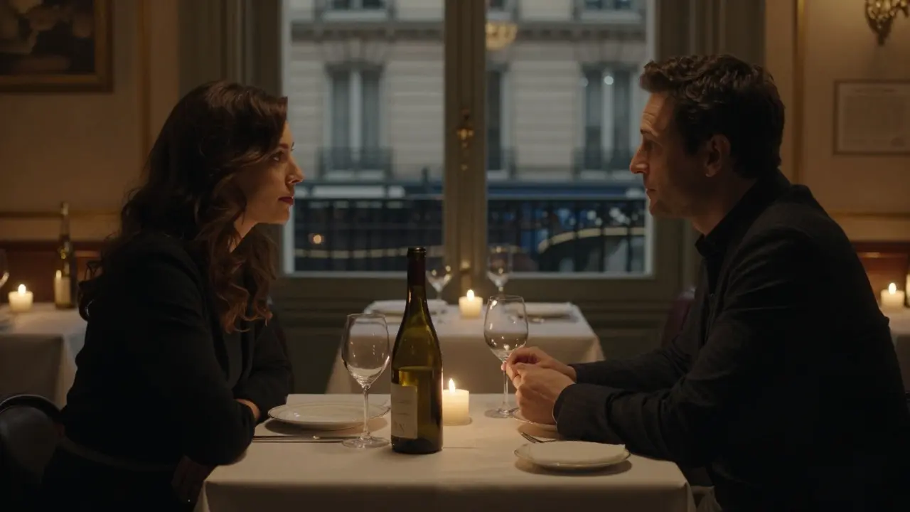 A man and woman share an intimate dinner in a quiet Parisian restaurant under candlelight.