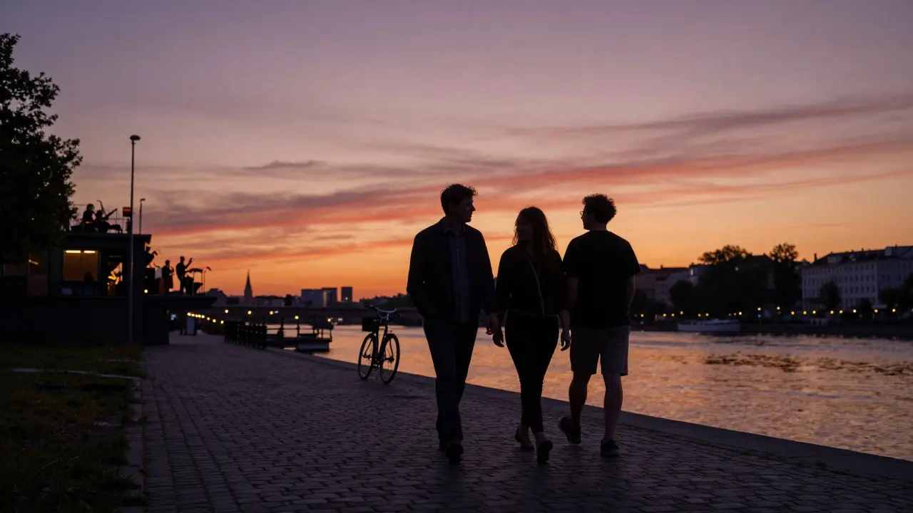 A man and woman walking peacefully along the Spree River at sunset, silhouetted against a glowing sky with a distant jazz band.