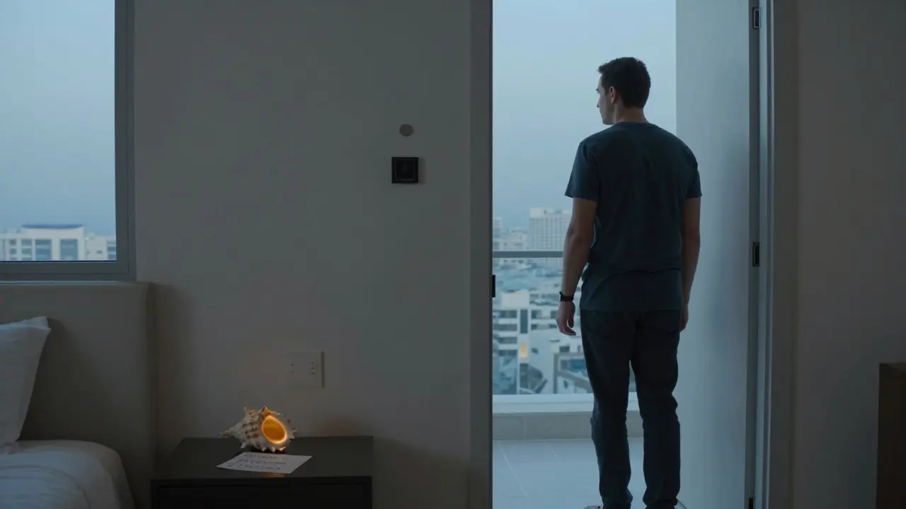 A man leaving a hotel room at dawn, a single seashell and handwritten note left on the nightstand, city lights glowing outside.