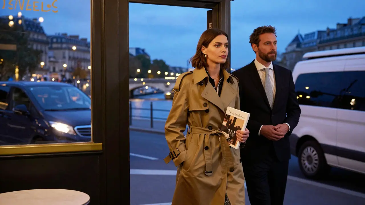 A modern woman in a trench coat leaving a fine dining restaurant in Paris, holding an art book at dusk.