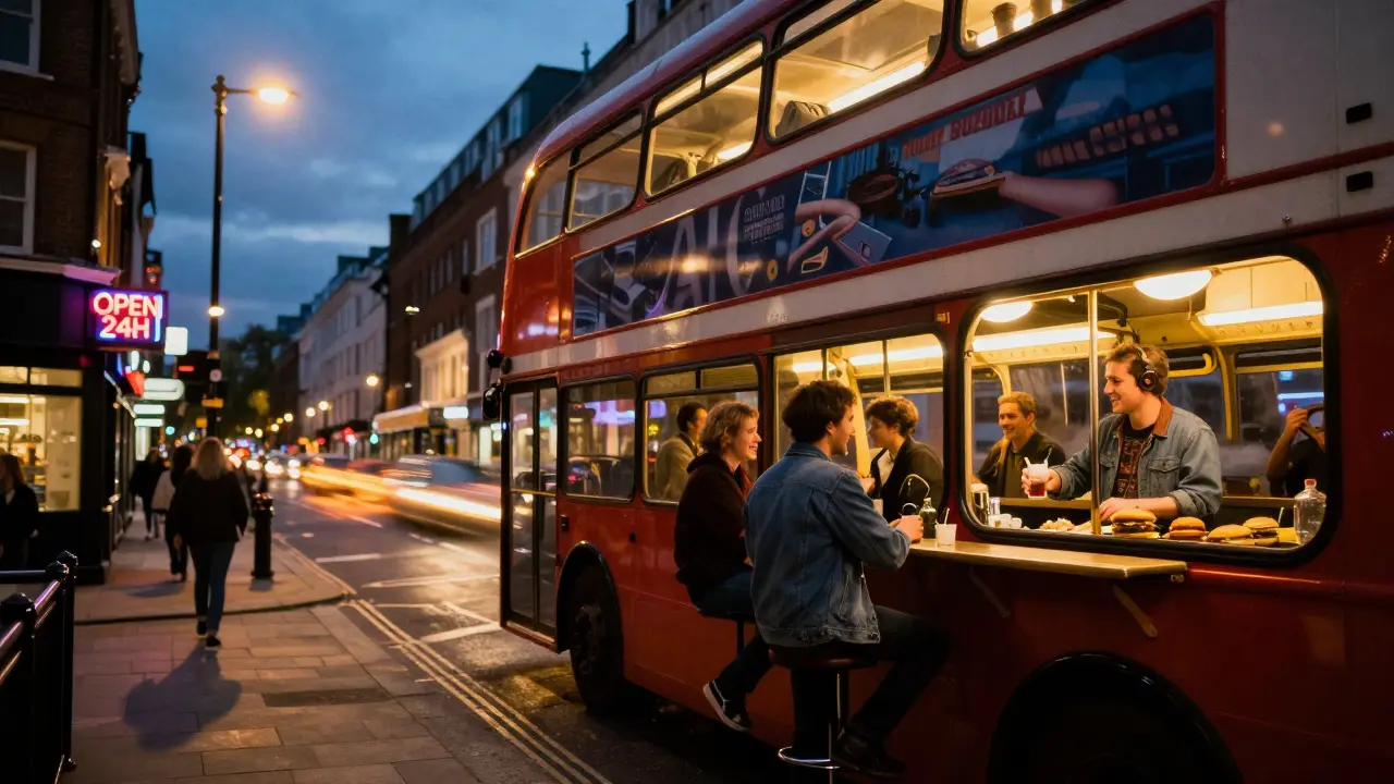 A night bus driving through London at dawn, passengers enjoying music inside glowing windows.