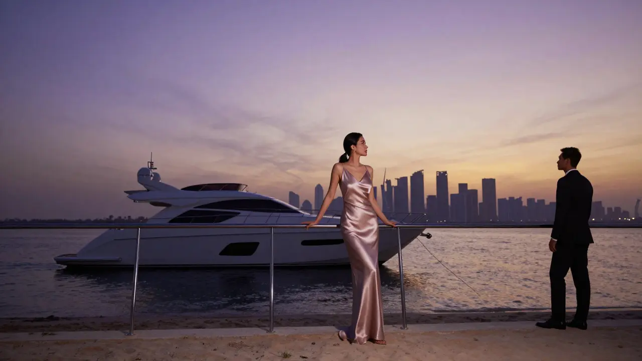 A private yacht at dusk off Jumeirah Beach with refined silhouettes of two individuals, conveying exclusivity and discretion.