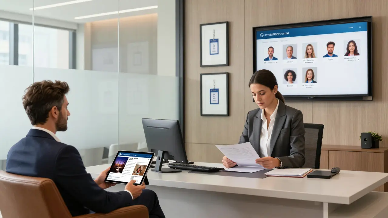 A professional agency office in Abu Dhabi with verified companion profiles displayed on a digital screen and a client reviewing details.