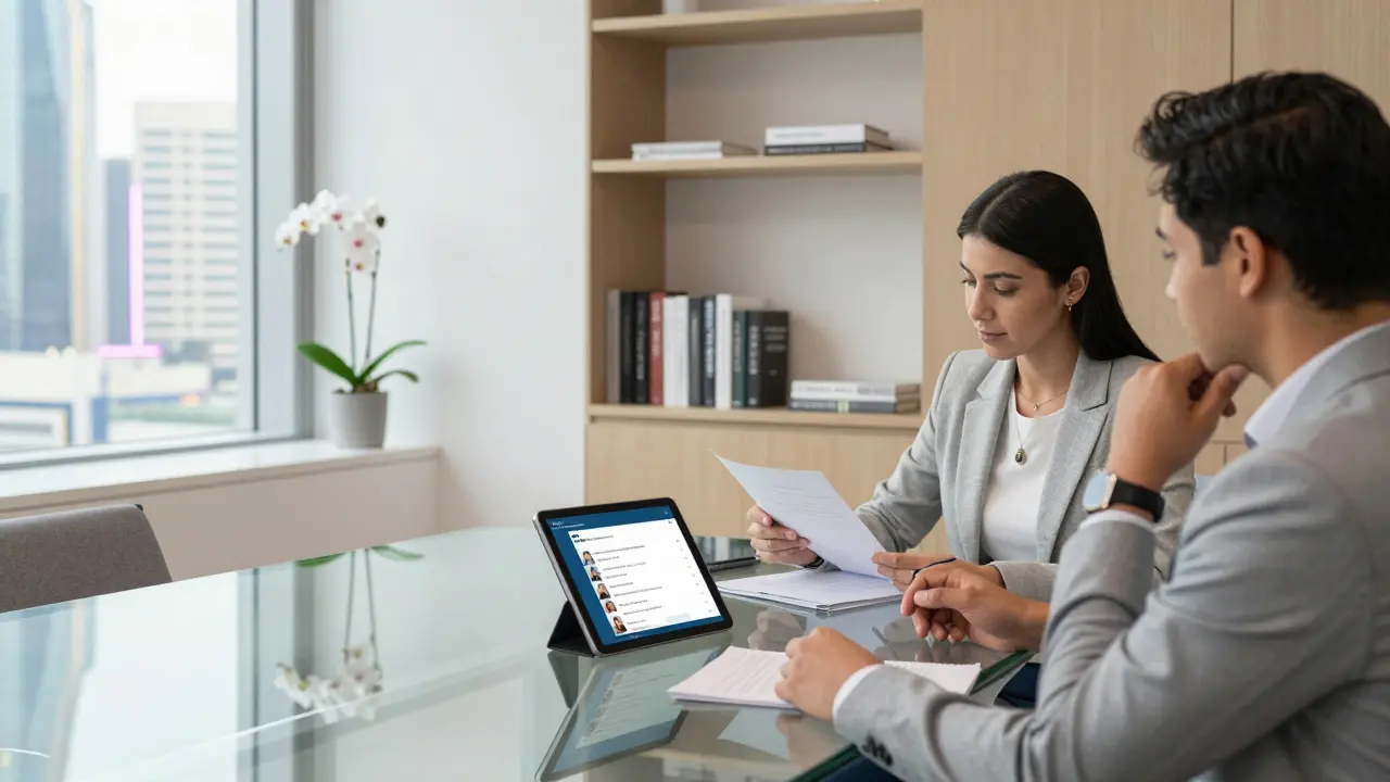 A professional agency office with anonymized companion profiles displayed on a tablet, minimalistic and modern.