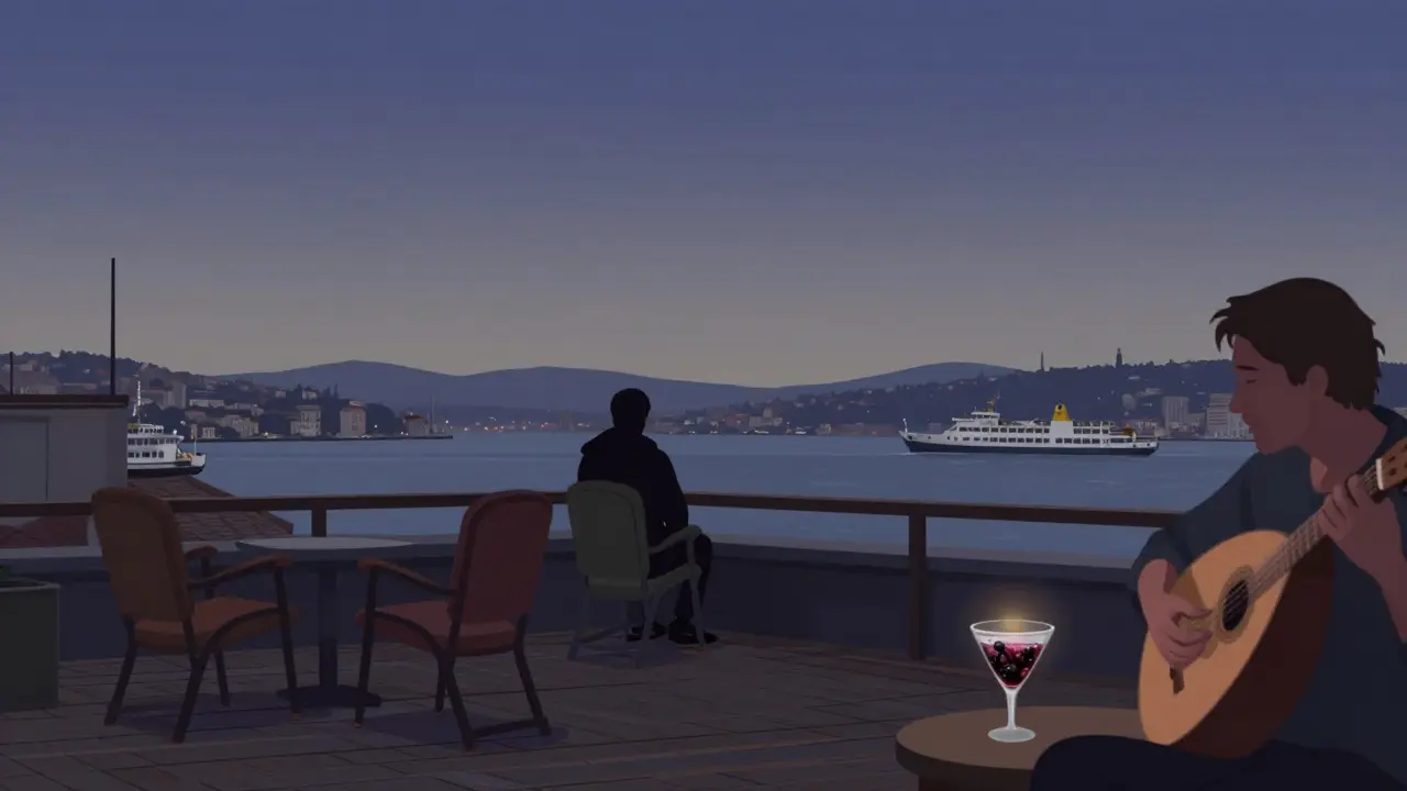A quiet rooftop at dawn with a person watching ferries on the Bosphorus.