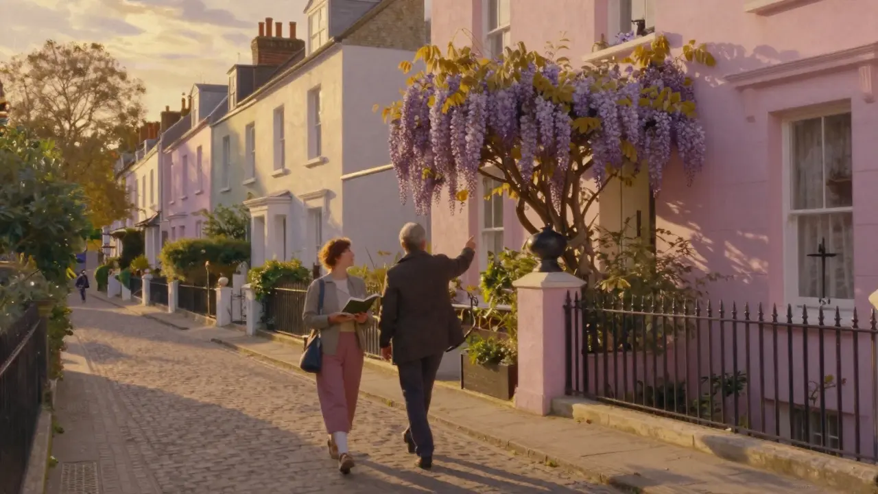 A quiet sunset walk in Notting Hill past pastel cottages and blooming wisteria.