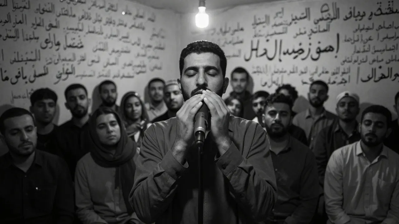 A silent crowd gathered in reverence as a singer performs 'Hallelujah' in Arabic at a raw, intimate karaoke venue.