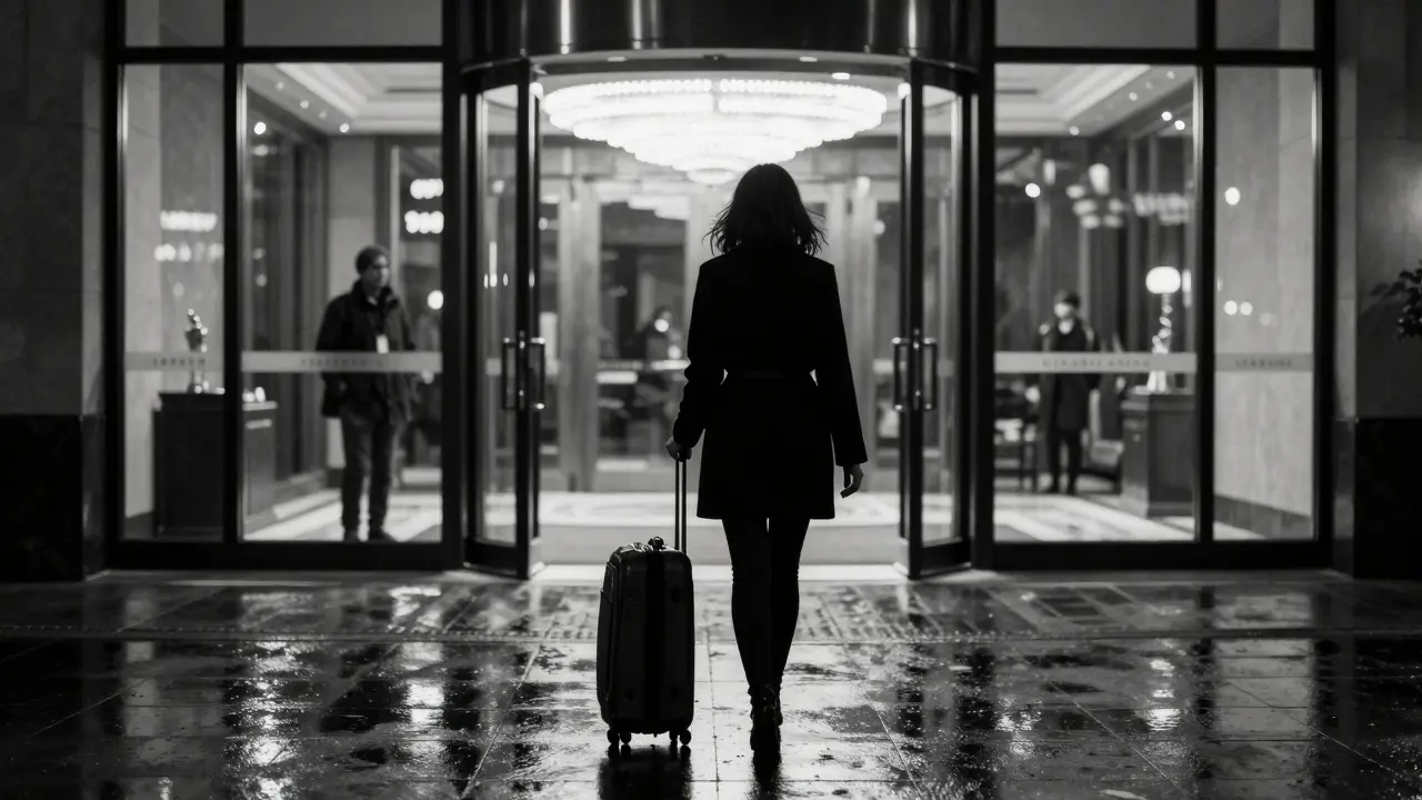 A silhouette walking away from a luxury hotel at night, symbolizing secrecy and emotional isolation.