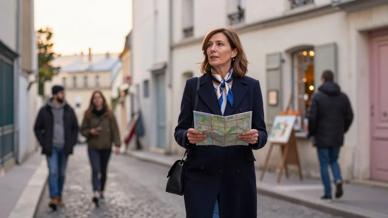 A well-dressed woman walking through Montmartre at golden hour, guiding someone to an art studio with a map in hand.