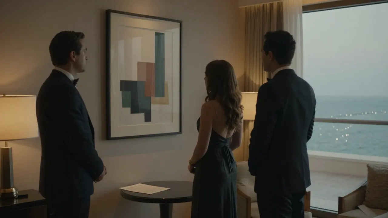 A woman and man stand in silent admiration of contemporary art in a luxury hotel suite, with a concierge note on a side table.