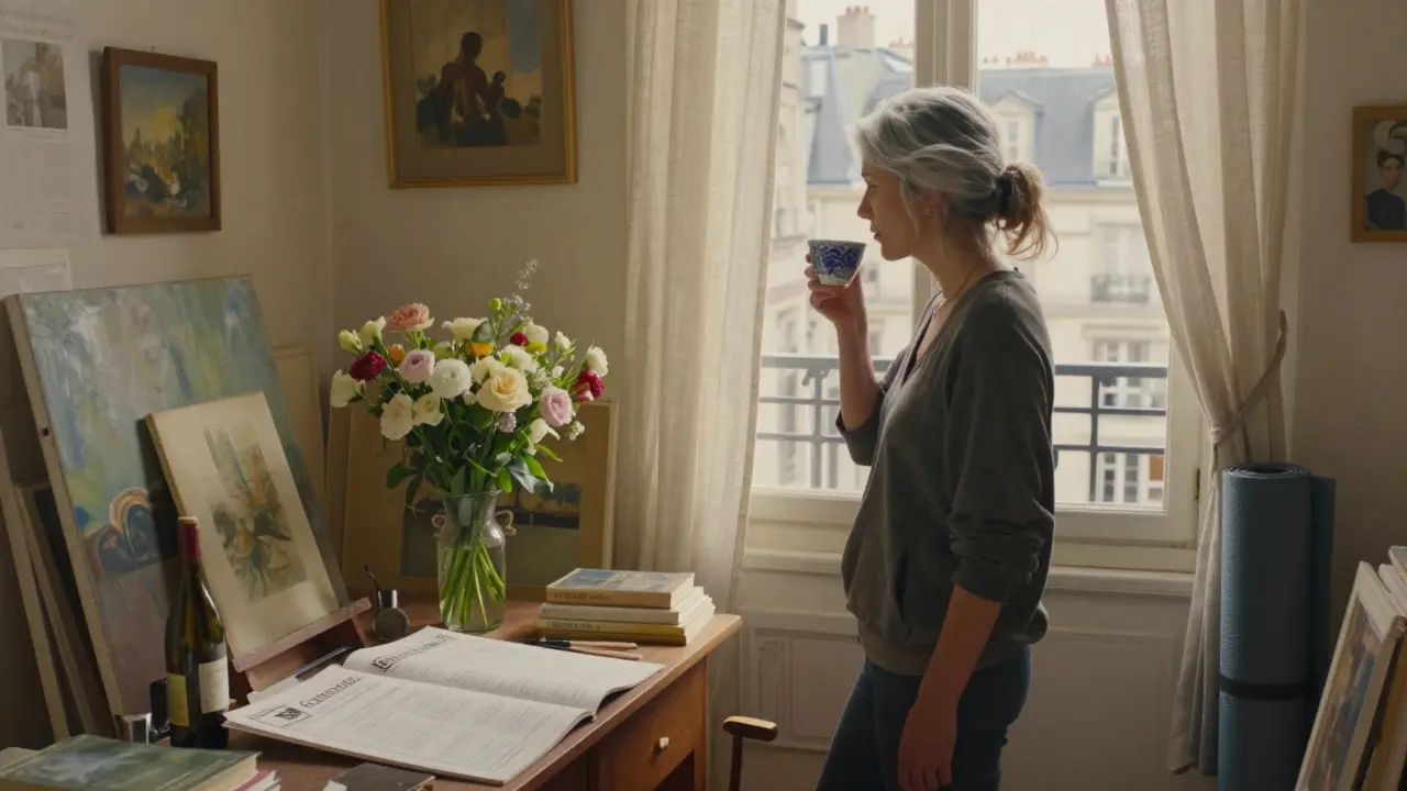 A woman in a sunlit art studio in Montmartre, surrounded by books and paintings.