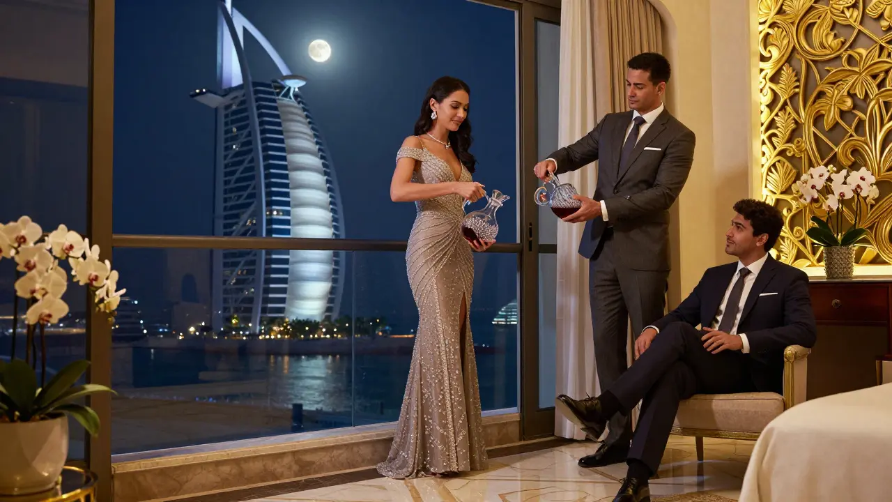 An elegant companion pouring wine on a balcony at the Burj Al Arab, moonlight reflecting off marble floors.
