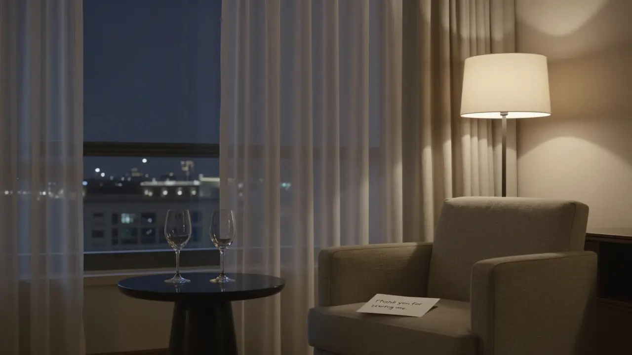An empty luxury hotel suite in Abu Dhabi with two wine glasses and a handwritten thank-you note, conveying quiet dignity and respect.