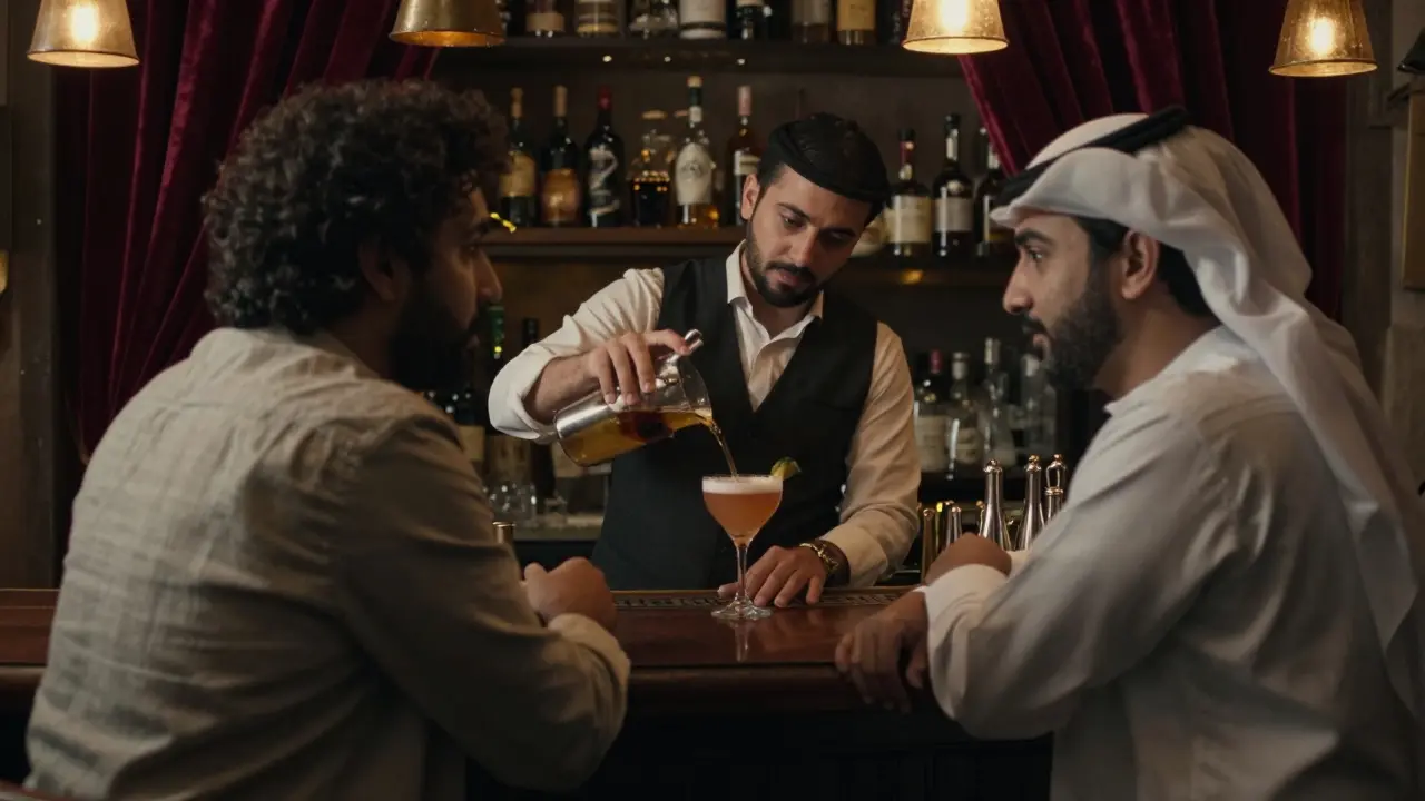 An intimate speakeasy with a mixologist serving drinks and patrons in quiet conversation.