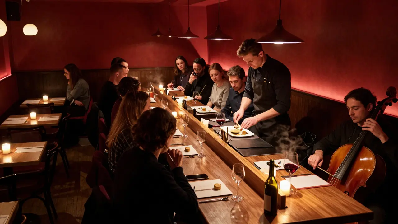 An underground lounge beneath a restaurant where guests watch a chef transform food into art, no phones allowed.