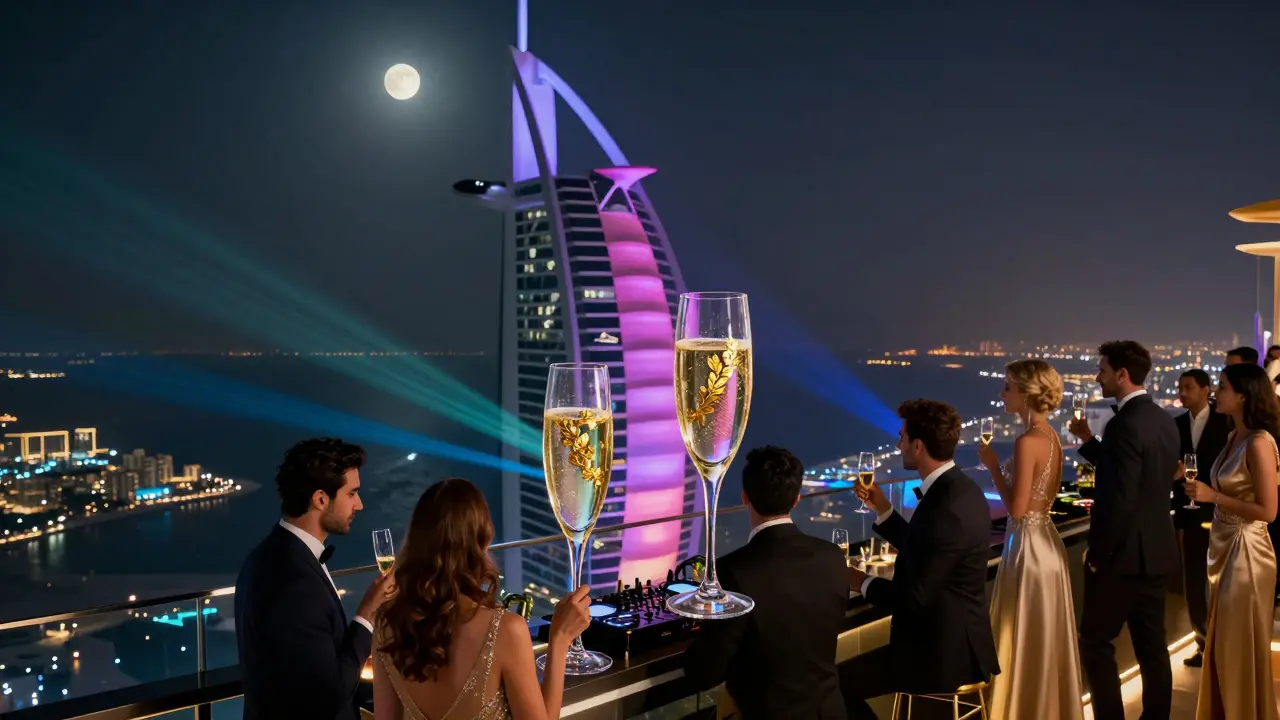 Cielo Dubai rooftop club at night, guests sipping champagne under stars with the Burj Al Arab and glowing Arabian Gulf in the background.