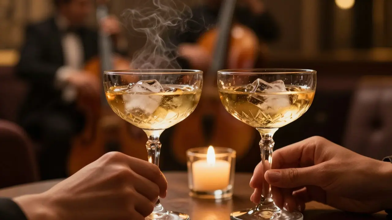 Close up of champagne glasses clinking on a table with warm candlelight background.