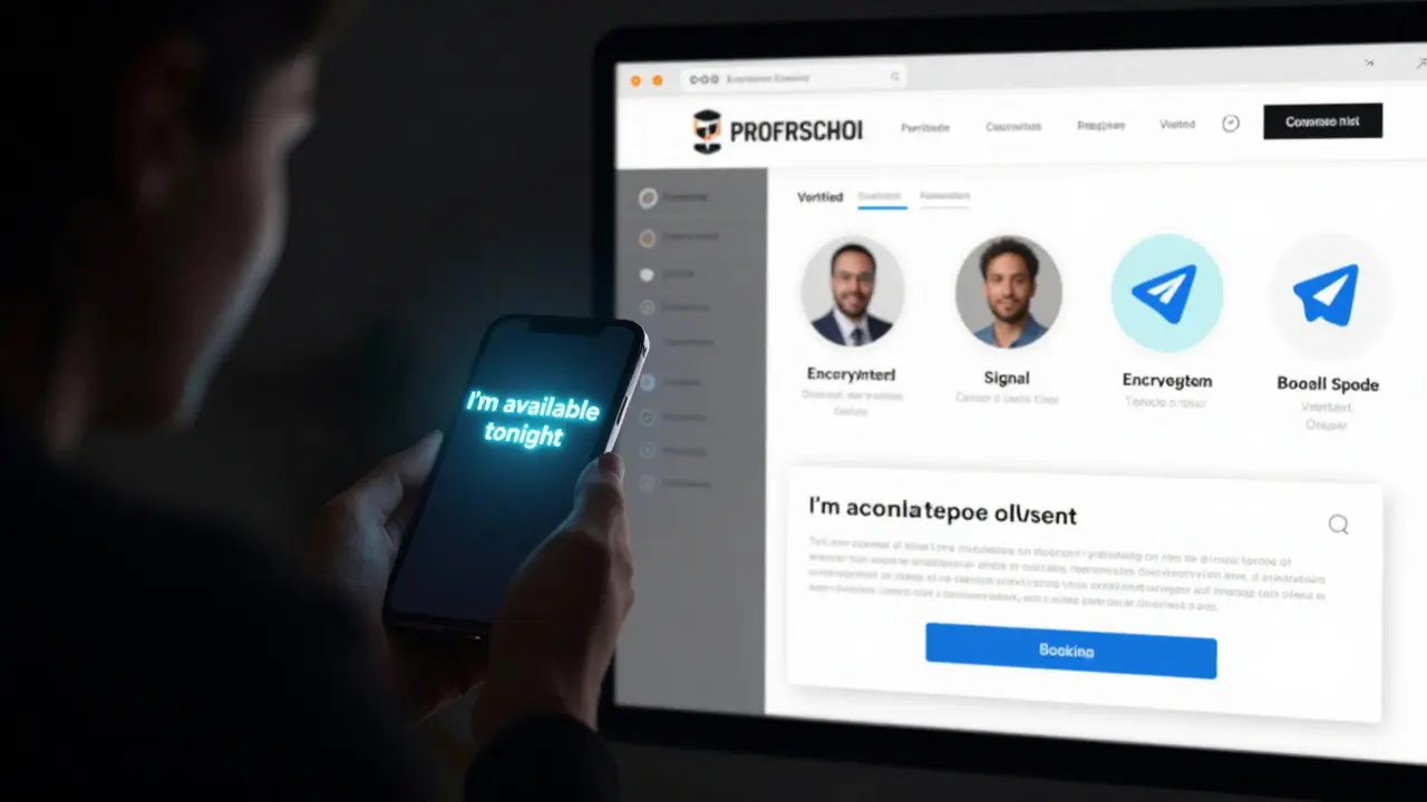 Contrasting images: one showing a risky text message, the other a legitimate escort agency's secure website with verified profiles and encrypted app logos.