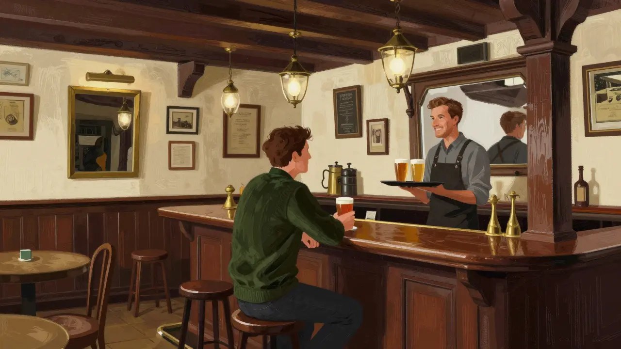 Conversation between guest and bartender in traditional London pub.