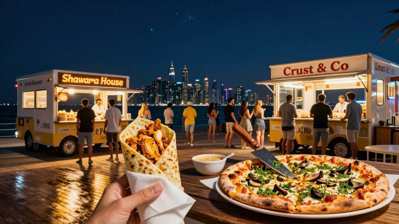 Crowds enjoying shawarma and pizza from food trucks on La Mer boardwalk at 2 a.m. with ocean and skyline in background.