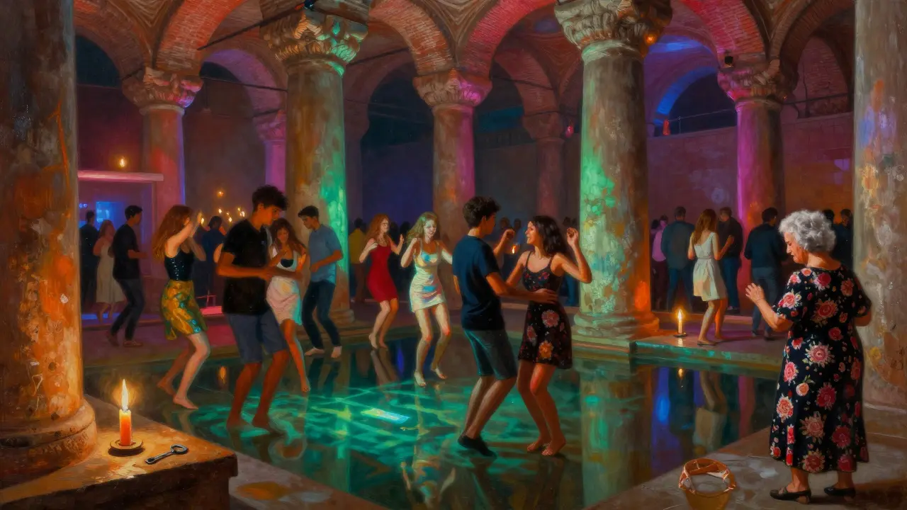 Dancers in an ancient cistern lit by flickering candles and colored lights.