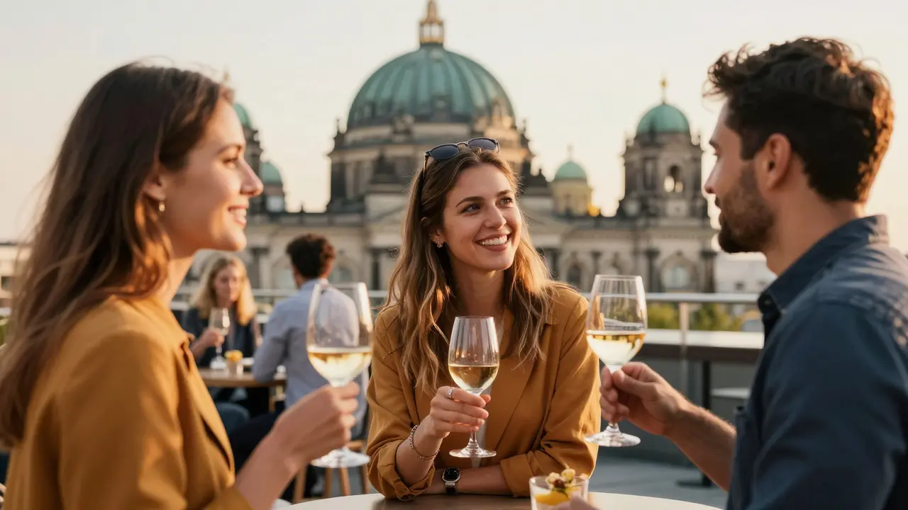 Diverse group conversing in an upscale Berlin rooftop lounge.