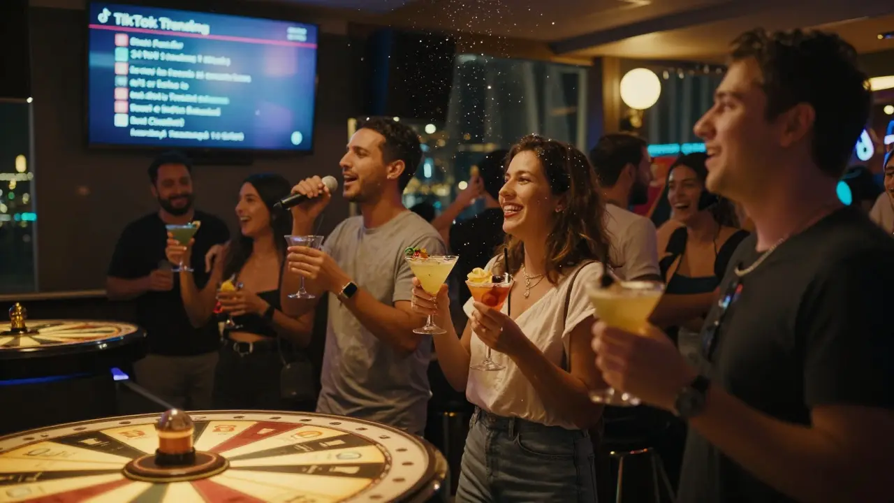 Diverse patrons at a Dubai karaoke bar singing along to a trending song with glowing lyrics and cocktail glasses.
