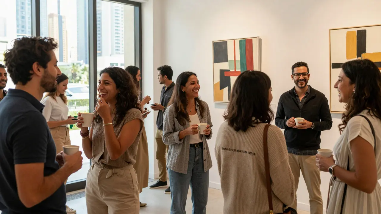 Diverse people socializing at an art gallery event in Dubai, enjoying coffee and conversation under natural light, surrounded by contemporary art.