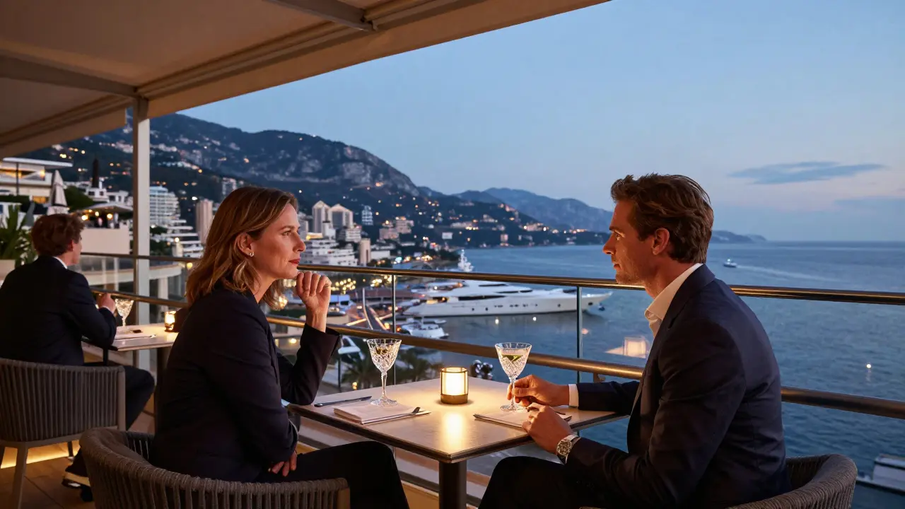 Elegant couple drinking cocktails on rooftop terrace overlooking Monaco harbor skyline.