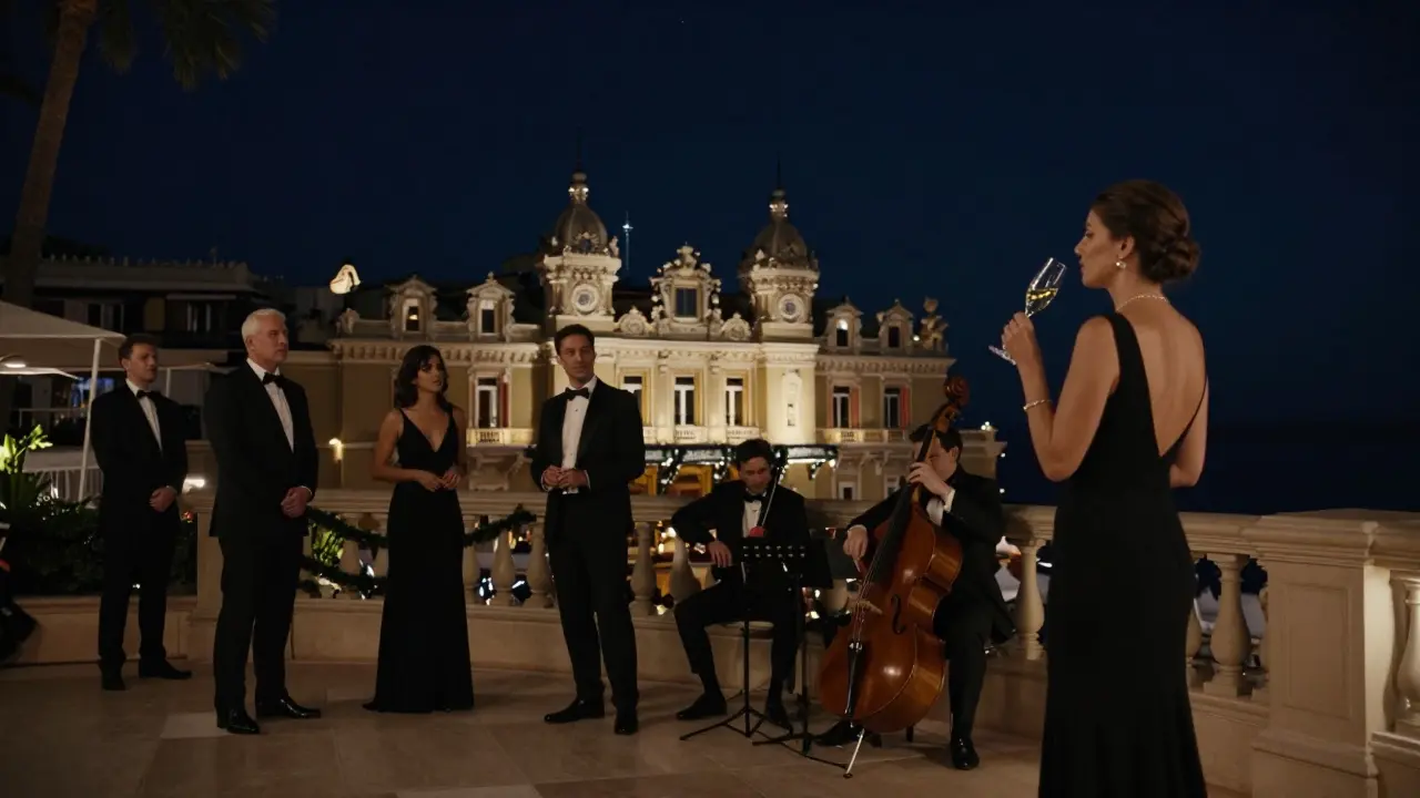Elegant guests in black tie quietly enjoying jazz music on a terrace overlooking Monaco's casino.