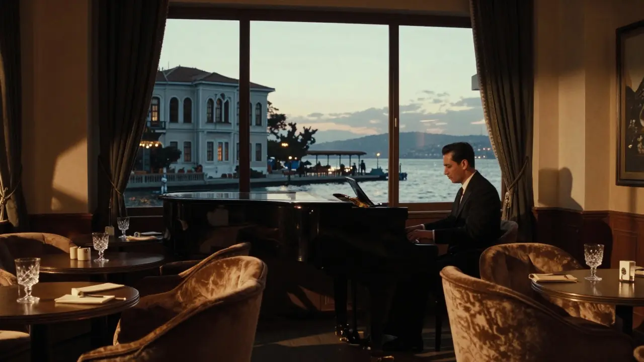 Elegant jazz bar in Kuruçeşme with pianist playing softly under warm amber lighting.
