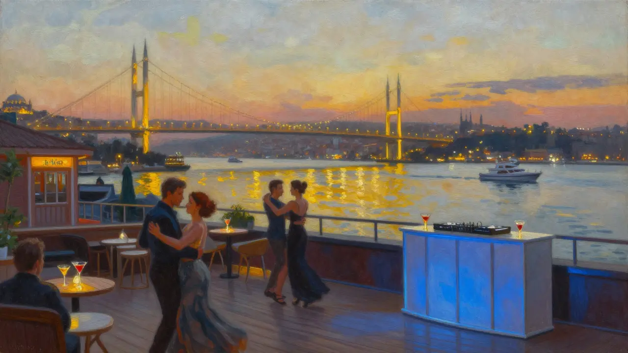Elegant party on a rooftop overlooking the Bosphorus at dusk with bridge lights shimmering in the distance.