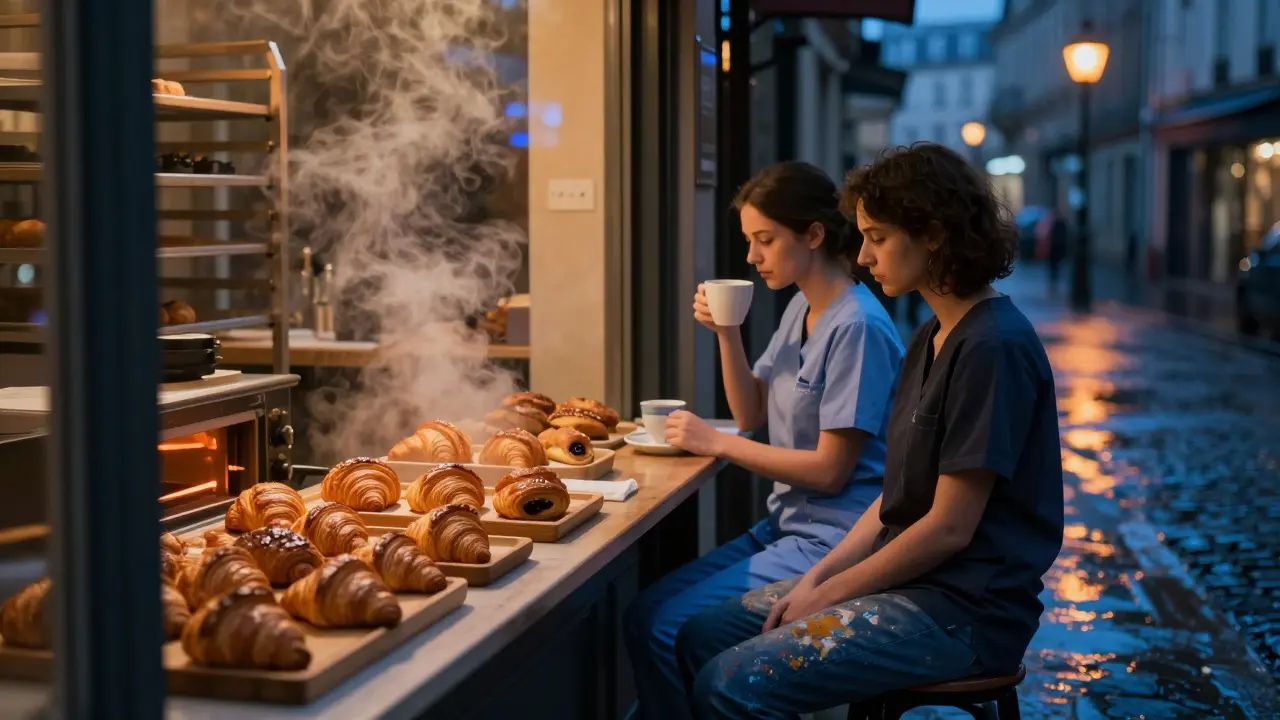 Fresh croissants steaming in a 3 a.m. bakery, two quiet patrons drinking coffee by the oven.