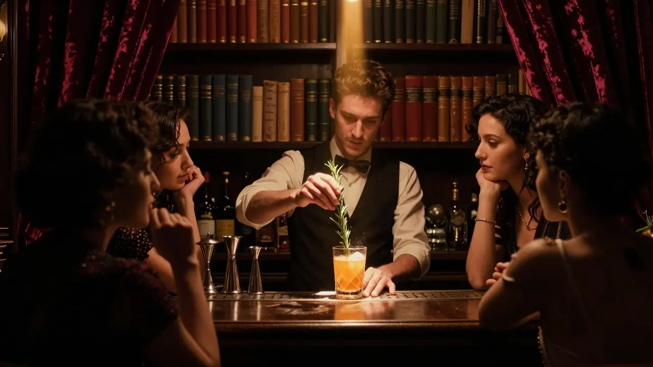 Hidden speakeasy behind a bookshelf where a bartender mixes a cocktail with smoked rosemary.