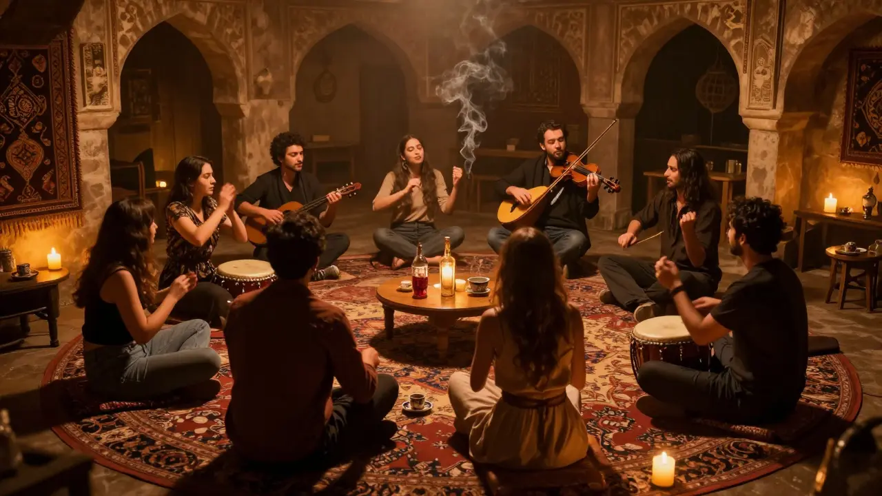 Intimate basement gathering with live Turkish music, candlelight, and people swaying to traditional instruments.