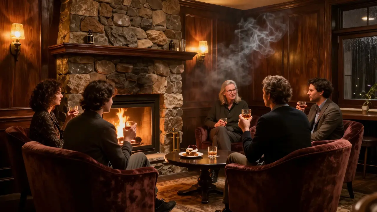 Intimate group conversation in warm private lounge with fireplace inside luxury club.