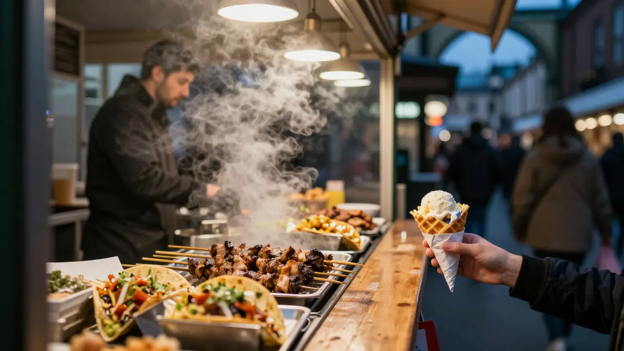 Late-night food stalls at Borough Market serving kebabs and tacos under neon lights.