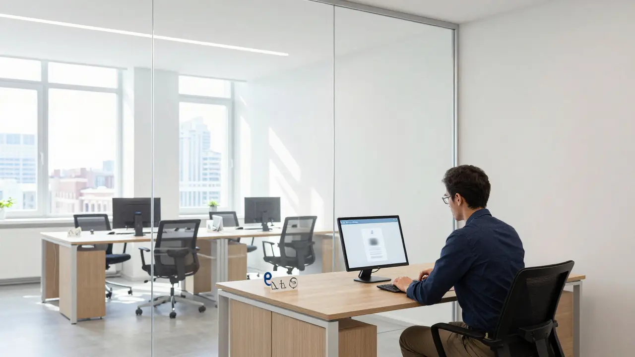 Modern office interior with person reviewing digital device.